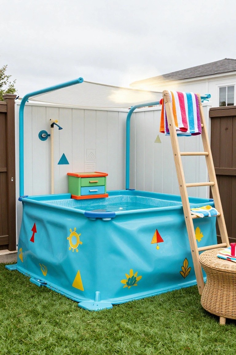Blue above-ground pool with colorful geometric patterns and water inside, wooden ladder leaning against it, blue metal canopy with white fabric shade overhead, outdoor shower on white fence, green storage box, towels on ladder and rack, in grassy backyard with wicker table nearby.
