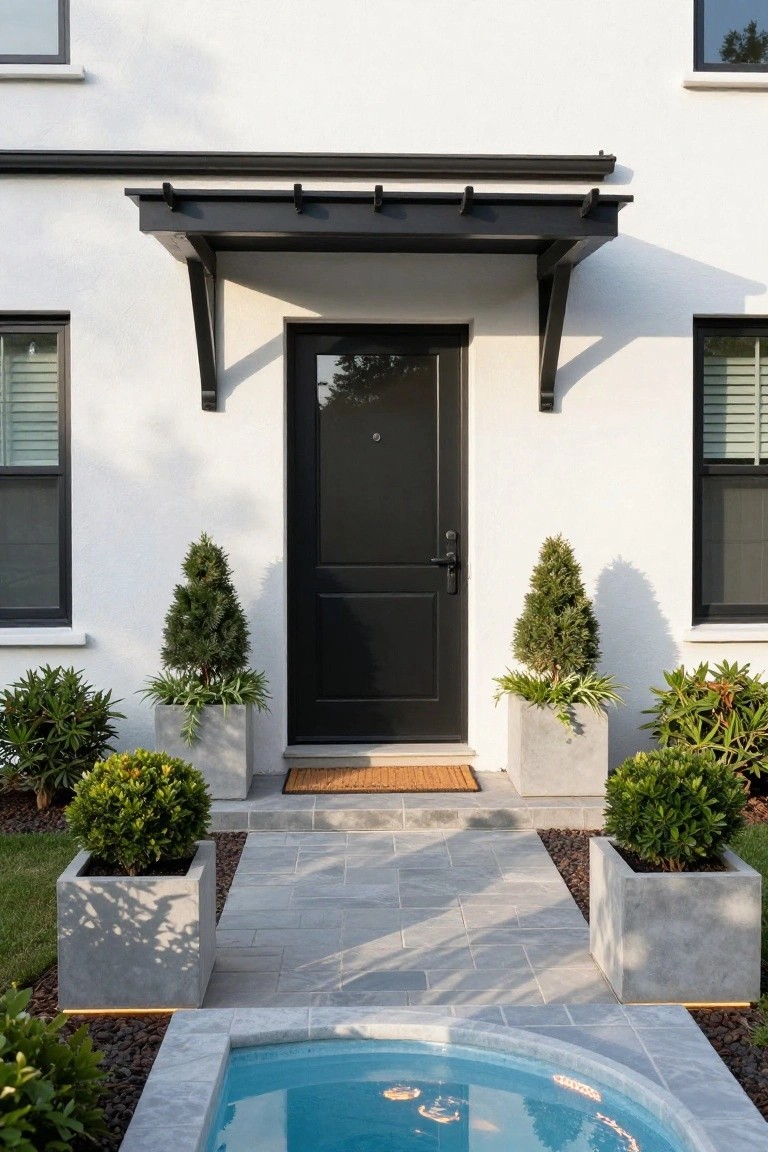 White house exterior with black front door under a metal awning, flanked by potted topiary trees and plants on a gray paver pathway, with a circular blue stock tank pool embedded in the foreground amid gravel and greenery.