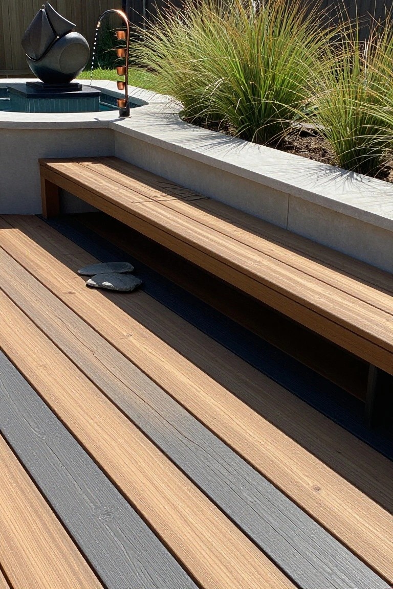 Small round stock tank pool with black abstract sailboat sculpture and copper fountain pouring water into it, set in concrete surround with pampas grasses, wooden bench on brown and gray composite decking, and gray flip-flops on the deck.