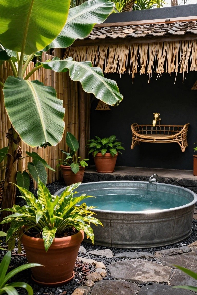Galvanized stock tank pool filled with water in an outdoor tropical enclosure with bamboo fencing, large green plants, potted ferns, a thatched roof overhang, wall-mounted brass faucet, and hanging rattan chair against a dark wall.