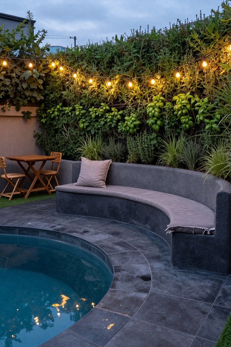 Curved dark gray built-in bench with beige cushions along the edge of a round turquoise semi-inground pool tiled in dark gray, wooden folding table and chairs nearby, lush green hedge wall with string lights and potted plants in a backyard at dusk.