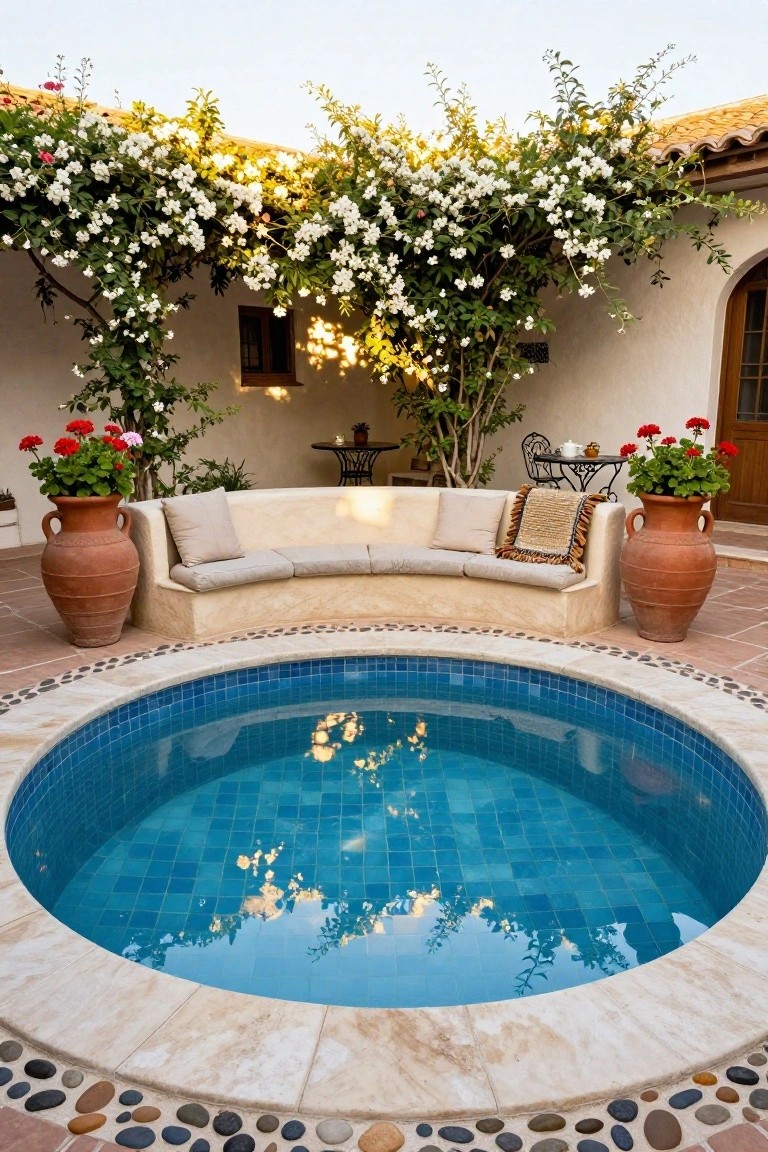 Round blue-tiled semi-inground pool edged by curved beige bench seating in an outdoor courtyard with terracotta pots of red geraniums, white flowering vine archway, small table, and adobe walls.
