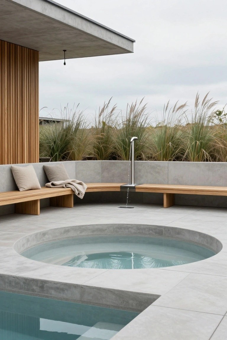 Round semi-inground pool with light blue water on a concrete terrace, surrounded by curved wooden benches against a gray wall, tall ornamental grasses nearby, and an outdoor shower post.