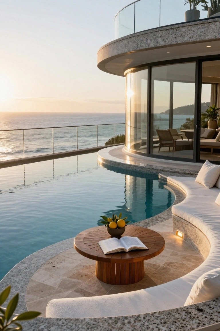 Curved infinity-edge pool on a rounded stone terrace next to white built-in curved bench seating with pillows, round wooden table holding open book and bowl of lemons, overlooking ocean, modern curved glass house in background.
