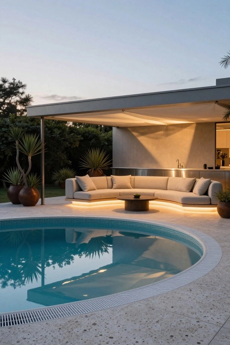 Outdoor curved beige sofa with under lighting beside a round blue-tiled inground pool, stainless steel outdoor kitchen counter, potted plants, and greenery under a covered patio at dusk.