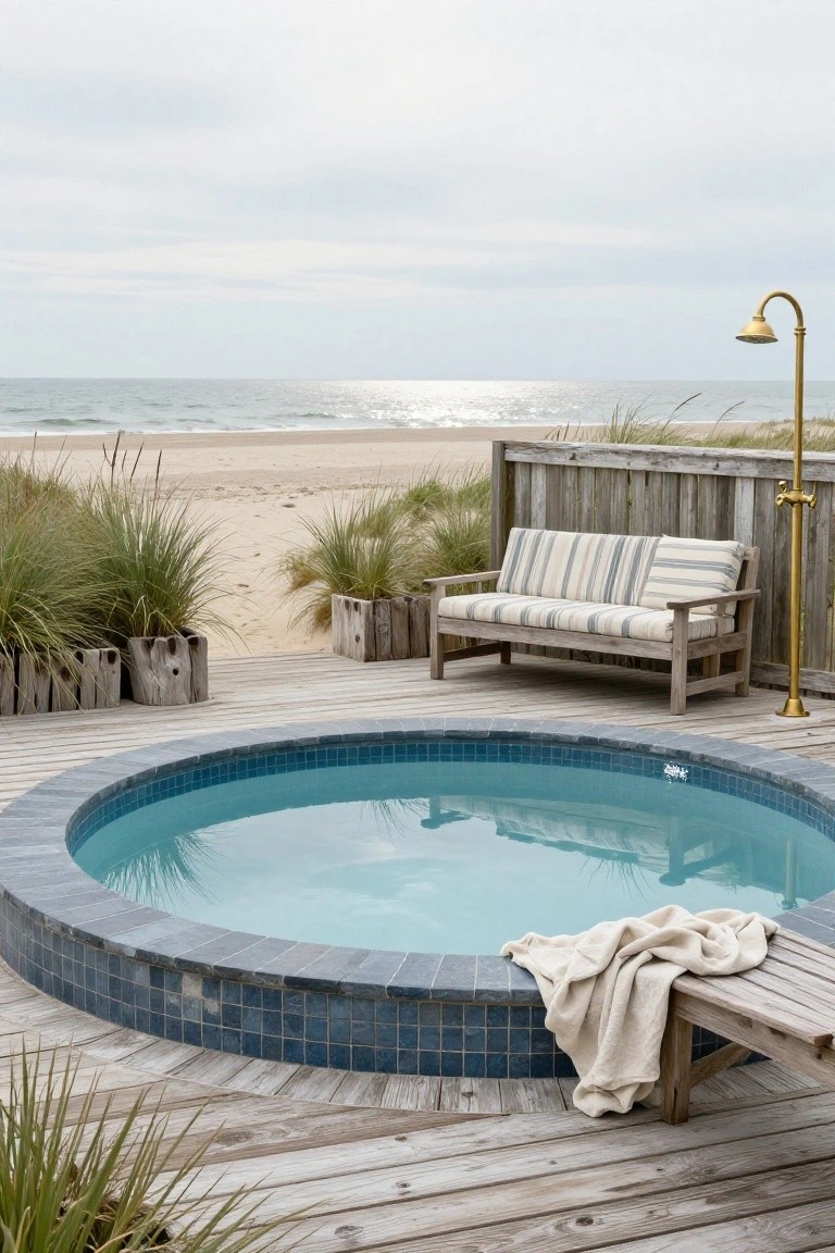 Round blue mosaic-tiled semi-inground pool set into a weathered wooden deck surrounded by beach grass, with a wooden bench, draped towel, and brass outdoor shower nearby, ocean and dunes in background.