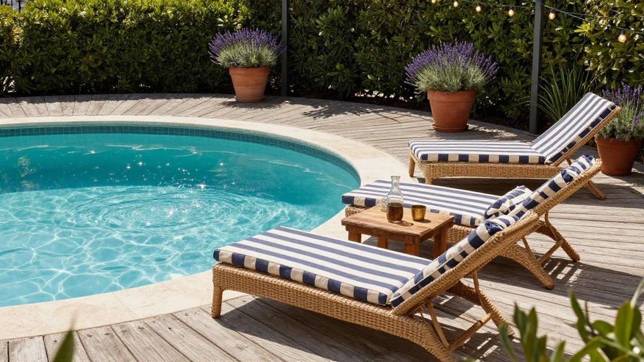 Round turquoise semi-inground pool with light stone edge and surrounding wooden decking, two blue-striped wicker lounge chairs with cushions, small wooden side table holding glasses and a bottle, potted lavender plants, and greenery backdrop.