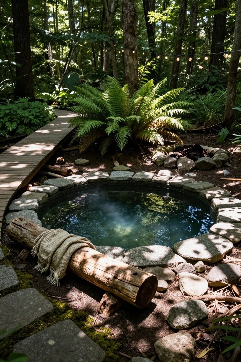 Round semi-inground hot tub edged with natural fieldstones in a forested garden, with a wooden walkway nearby, ferns, rocks, a log bench draped in a blanket, string lights overhead, and steam rising from the blue-green water.