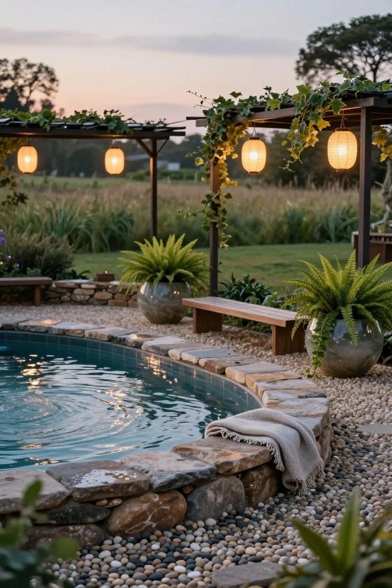 Round semi-inground pool edged with irregular natural stone walls and surrounded by pebbles, with a wooden bench, potted ferns, and a vine-covered pergola with hanging lanterns nearby at dusk.