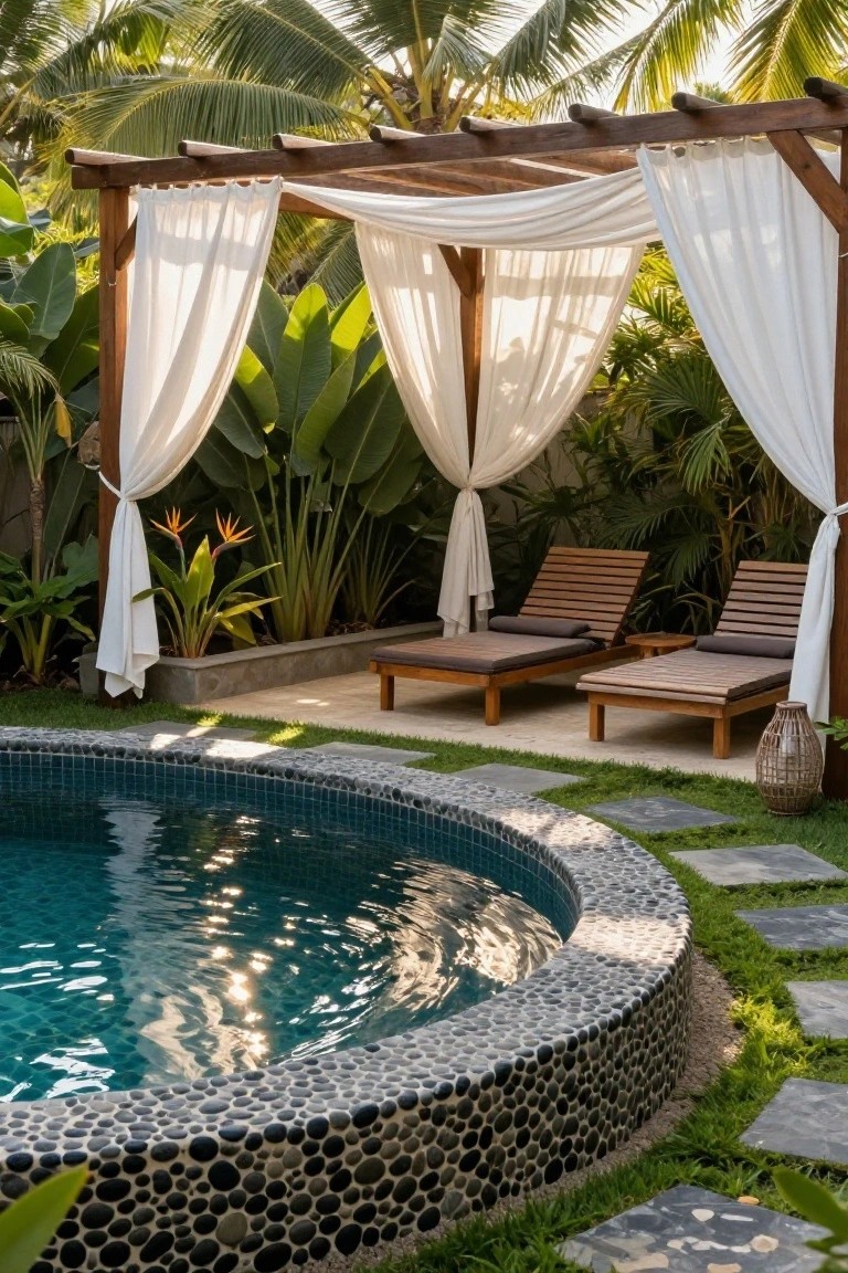 Round semi-inground pool with dark pebble mosaic edging and turquoise water, adjacent to a wooden pergola draped in white sheer curtains sheltering two cushioned teak loungers amid lush tropical greenery.