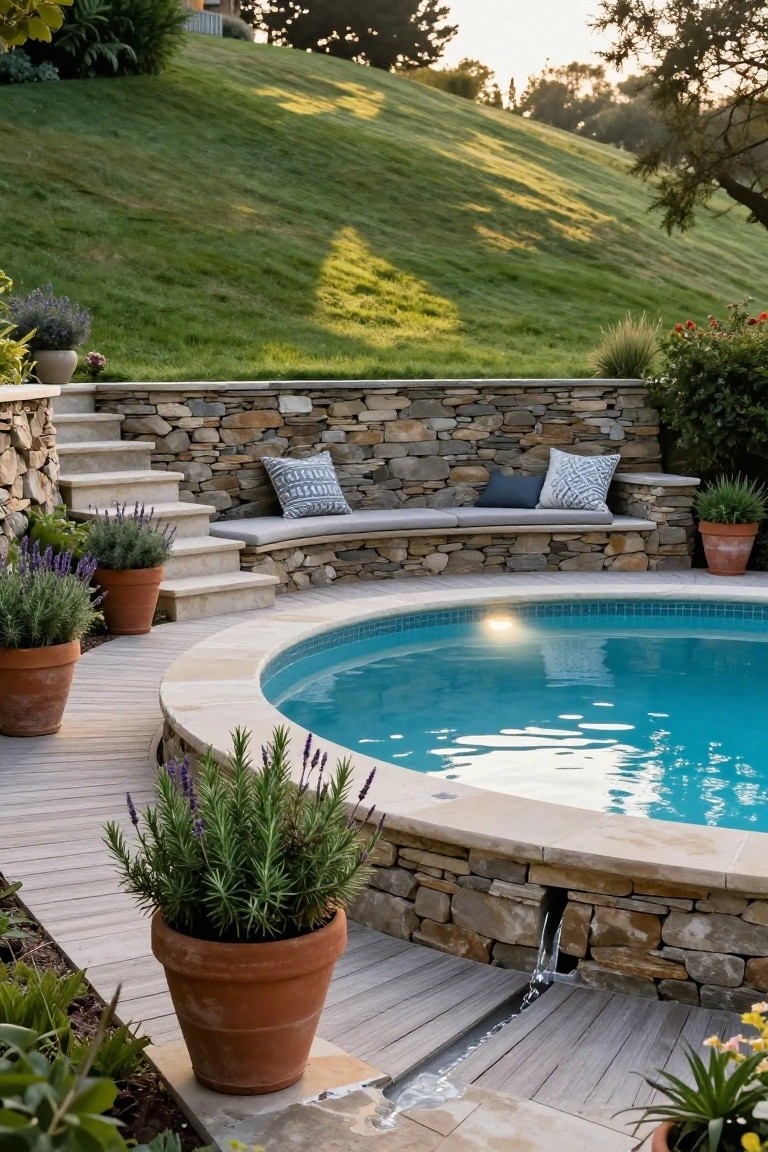 Round turquoise semi-inground pool edged in beige stone with a built-in curved bench seat holding gray and patterned pillows, surrounded by light wood decking and potted lavender plants against a grassy hillside.