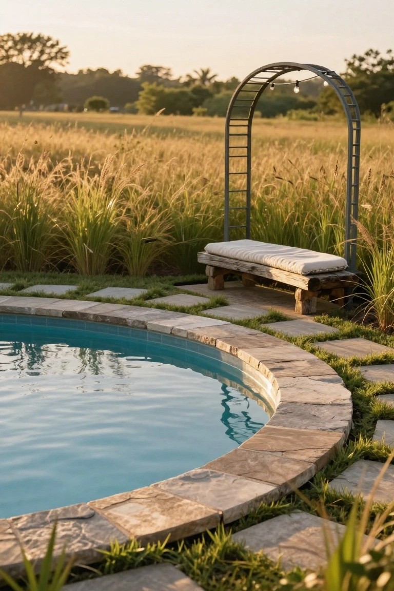 Round turquoise pool with curved beige stone coping edged by tall ornamental grasses, a wooden bench under a metal arch with string lights, and irregular stone stepping path in a grassy field at sunset.