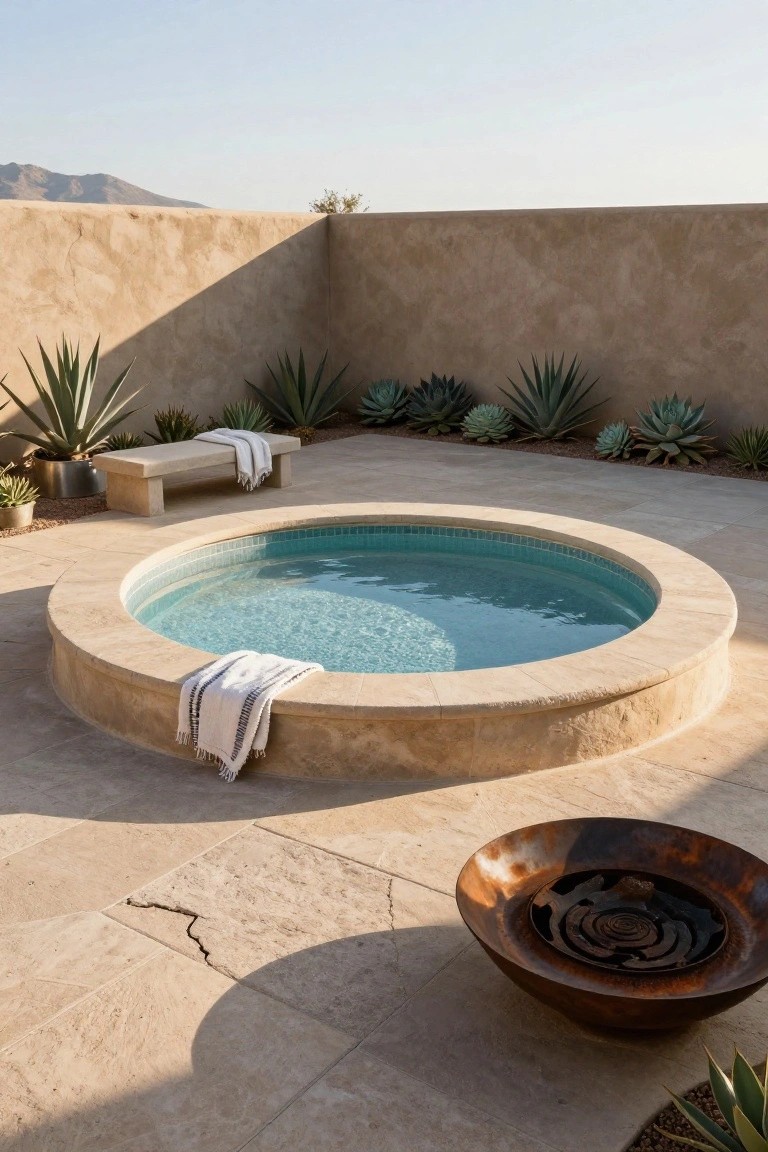 Round turquoise-tiled semi-inground pool embedded in a beige travertine terrace with agave plants, a stone bench draped with white towels, a large metal fire bowl, and desert landscaping in a walled outdoor courtyard.