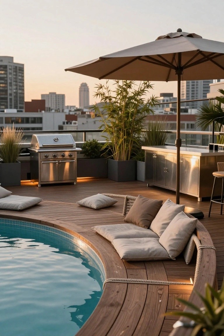 Rooftop deck with a curved turquoise semi-inground pool edged in wooden decking and integrated cushioned benches, a stainless steel barbecue nearby, potted plants, beige umbrella, and city skyline view at dusk.