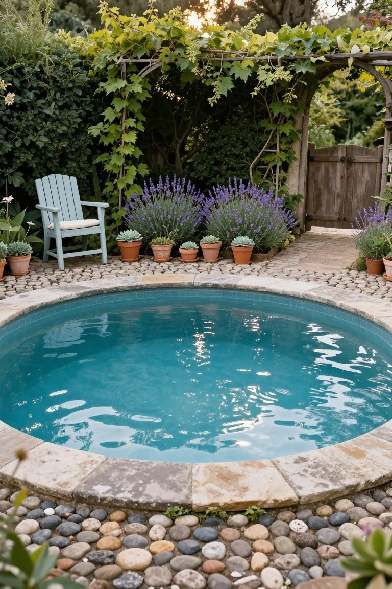 Small round turquoise semi-inground pool edged in stone slabs and multicolored pebbles, surrounded by potted succulents, lavender plants, a turquoise Adirondack chair, wooden pergola, and arched gate in a lush garden.