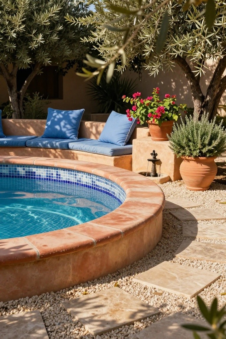Round semi-inground pool with blue mosaic tiles and terracotta coping, flanked by cushioned blue stone benches, potted plants, gravel ground, and olive trees in a sunny outdoor setting.