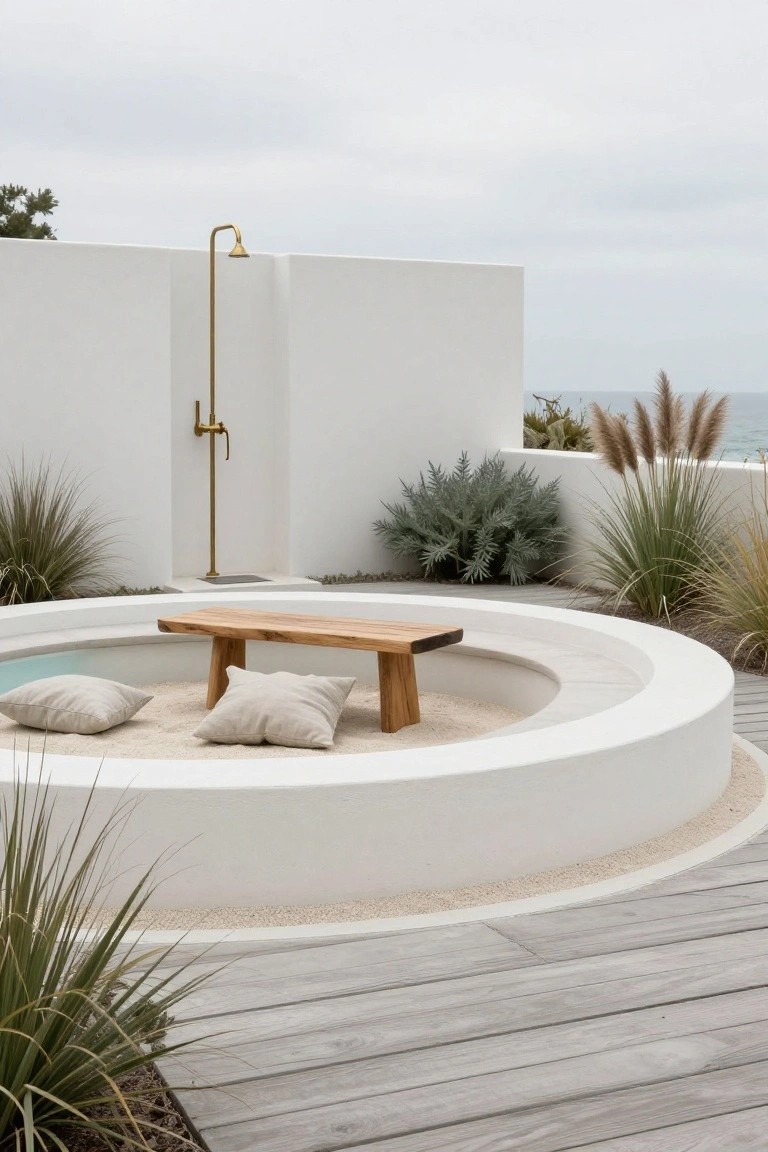 Curved white plaster outdoor pool enclosure with central wooden bench on sand base, two white pillows beside it, gold outdoor shower on adjacent wall, grasses and decking with ocean view.