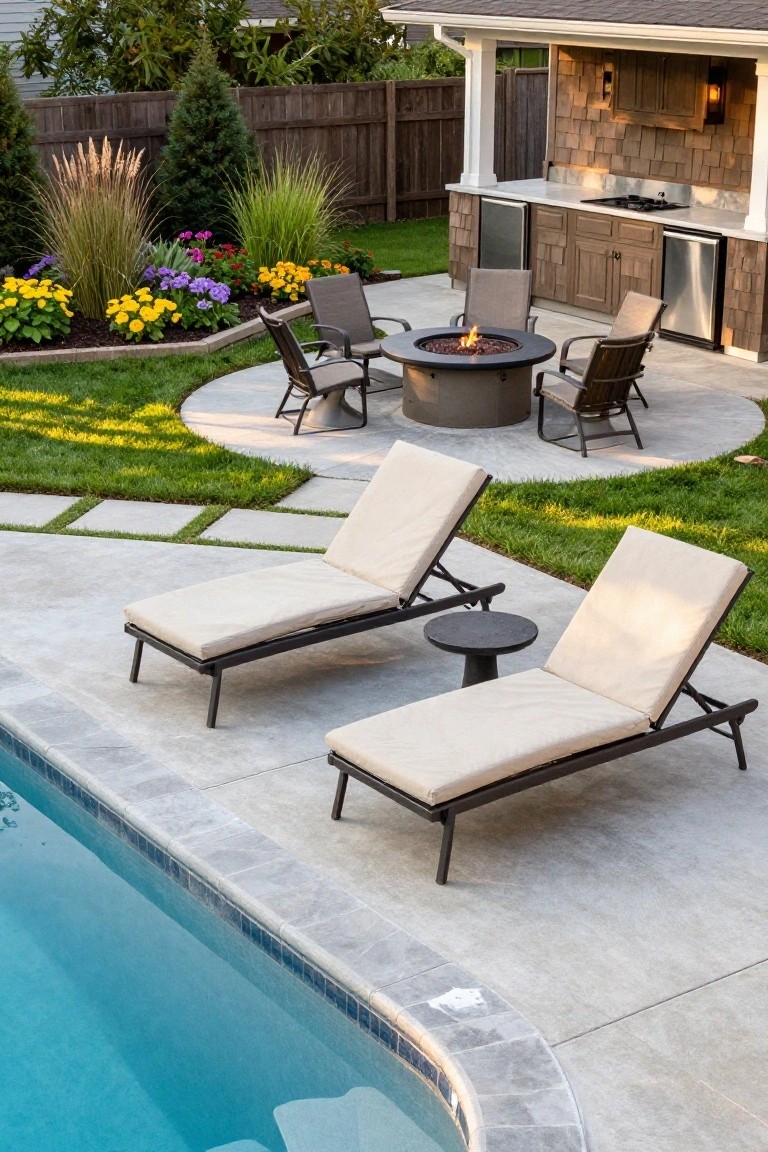 Backyard view showing round semi-inground pool with curved gray concrete deck, two beige chaise lounges with cushions and black side table, nearby fire pit seating circle, outdoor kitchen with counters and grill, landscaping beds, and wooden fence.