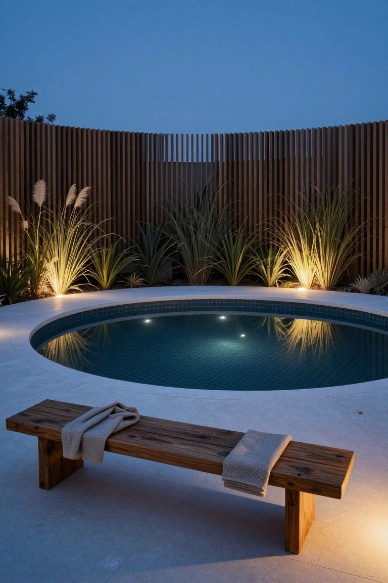 Round blue-tiled semi-inground pool at dusk surrounded by curved vertical timber slat fence, tall grasses and agaves with uplighting, wooden bench with folded towel on white stone paving.