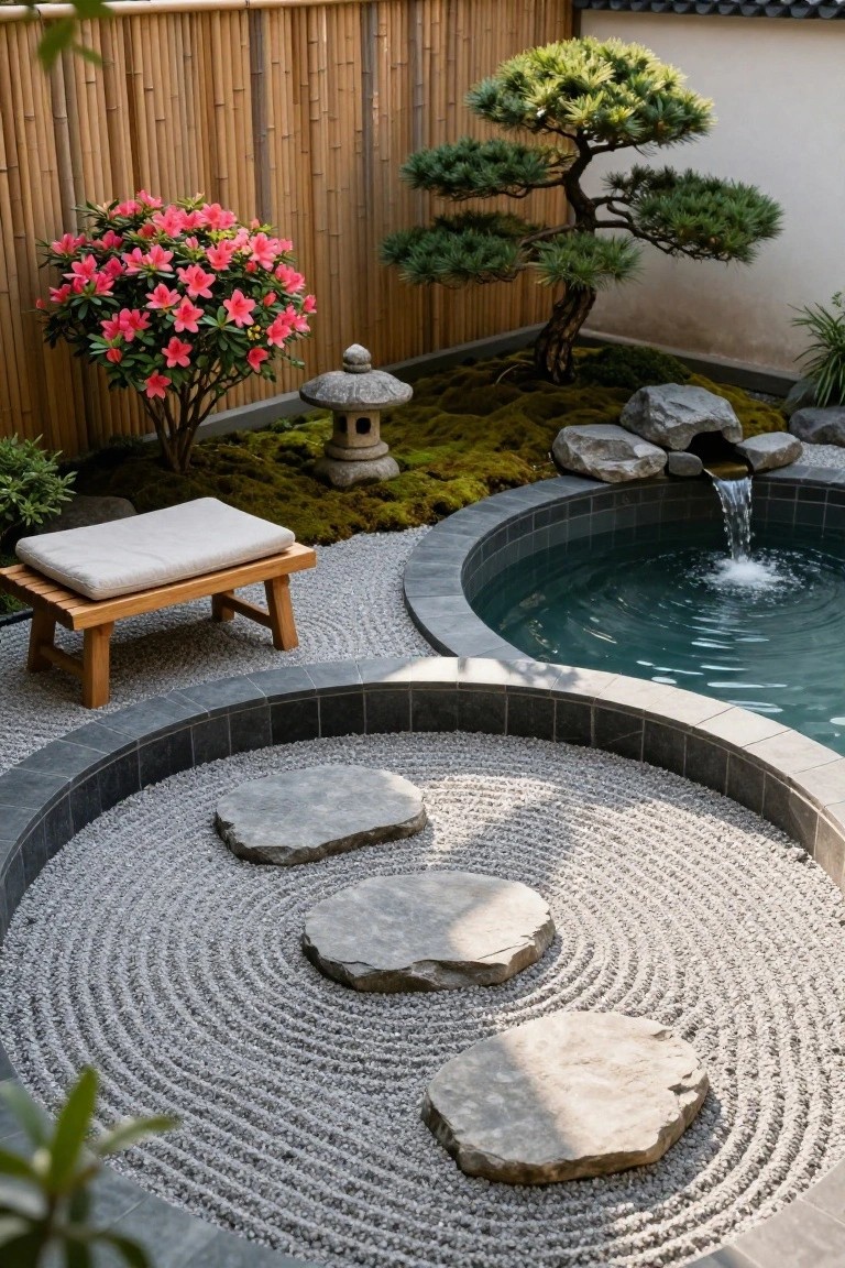 Round semi-inground pool centered in a Zen garden with raked white gravel, three flat stepping stones, wooden bench with cushion, stone lantern, bonsai pine, azalea bush, mossy rocks, small waterfall, and bamboo fence backdrop.