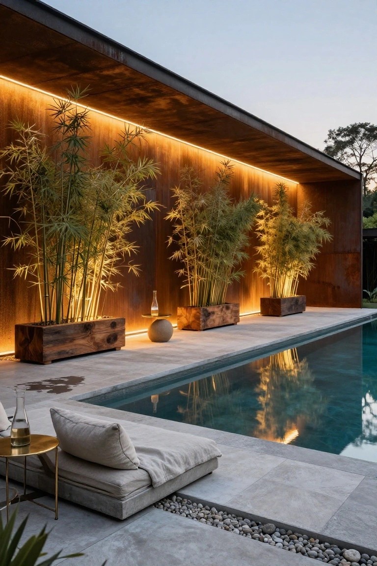 Outdoor poolside deck with three tall bamboo plants in wooden planters against a corten steel wall backlit by continuous warm LED strips, a low beige lounger with gold side table at the edge.