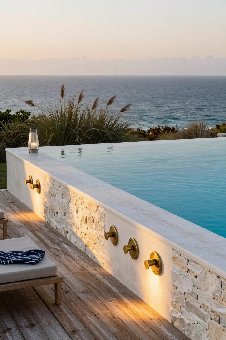 White stone pool wall with three brass wall-mounted light fixtures, infinity-edge pool, wooden deck with lounge chair and towel, pampas grass, lantern, and ocean horizon at sunset.