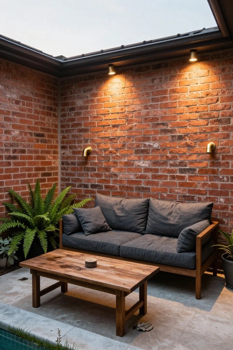 Outdoor seating area featuring a gray fabric sofa, wooden coffee table, ferns, and potted plants against red brick walls illuminated by two brass wall-mounted lights, next to a pool edge with tiled coping under a covered roofline.
