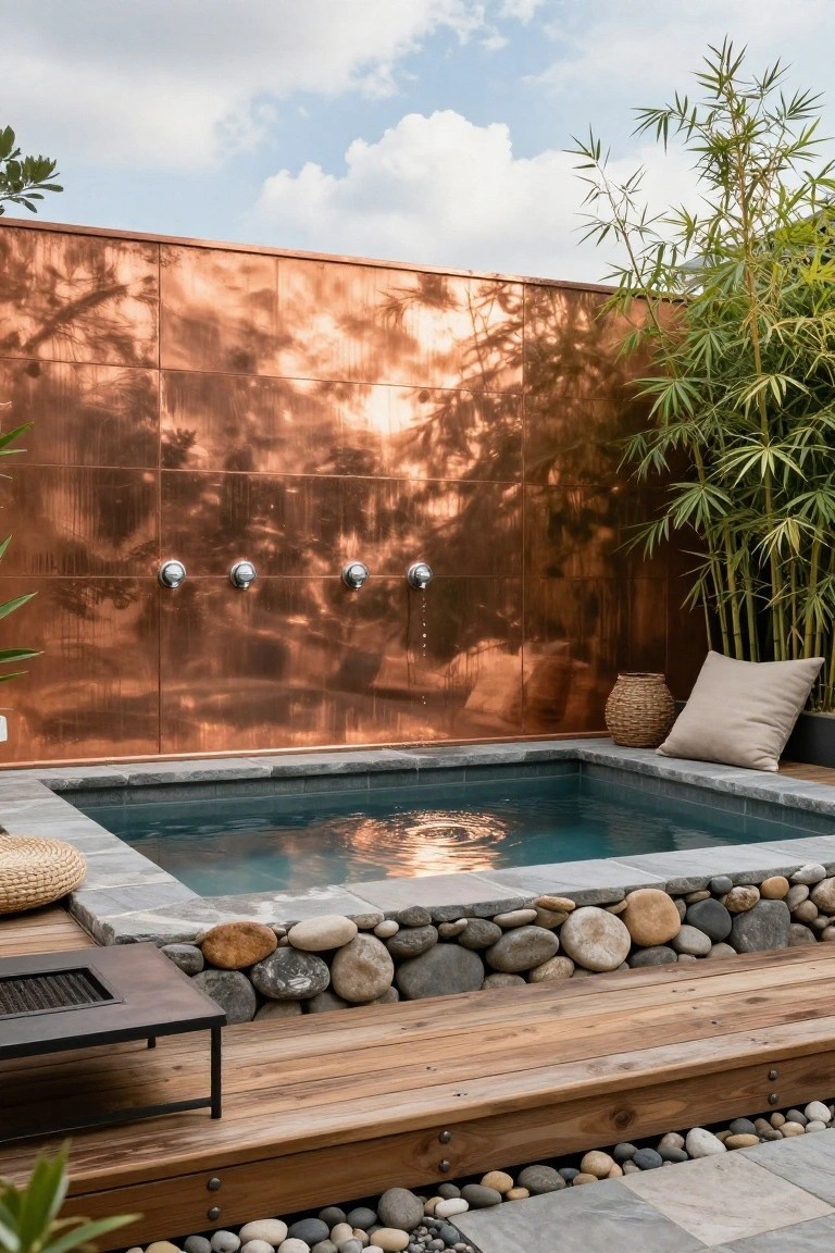 Small turquoise pool against a tall copper-paneled wall with three wall-mounted faucets dripping water, surrounded by bamboo plants, woven baskets, stone edging, wood decking, and a metal fire pit table.