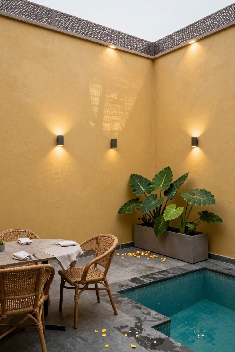Corner view of an outdoor pool area with ochre textured walls lit by four black rectangular wall sconces, a round wooden table set with white napkins on a terrace with rattan chairs, large potted elephant ear plants, scattered orange flower petals on dark gray tiles, and turquoise pool water.