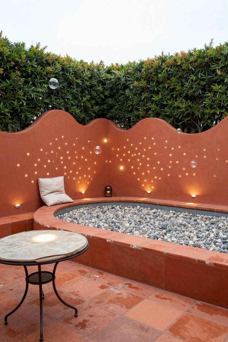 Wavy terracotta walls surround a circular pebble-filled pool with wall-mounted lights casting glowing spots, a small round table nearby, white cushion on the edge, and green hedge in the background.