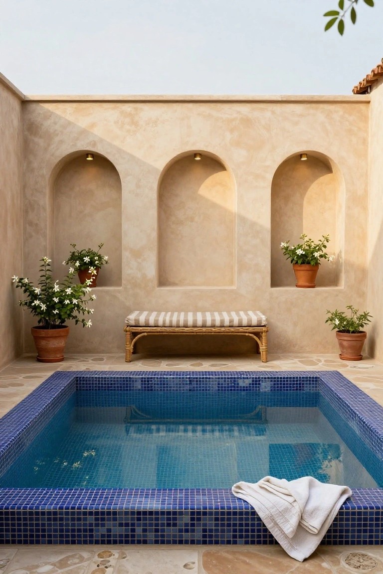 Beige stucco courtyard walls with three arched niches containing recessed lights and potted plants, a blue mosaic pool, rattan bench with striped cushion nearby, potted plants on the floor, and white towel draped over the pool edge.