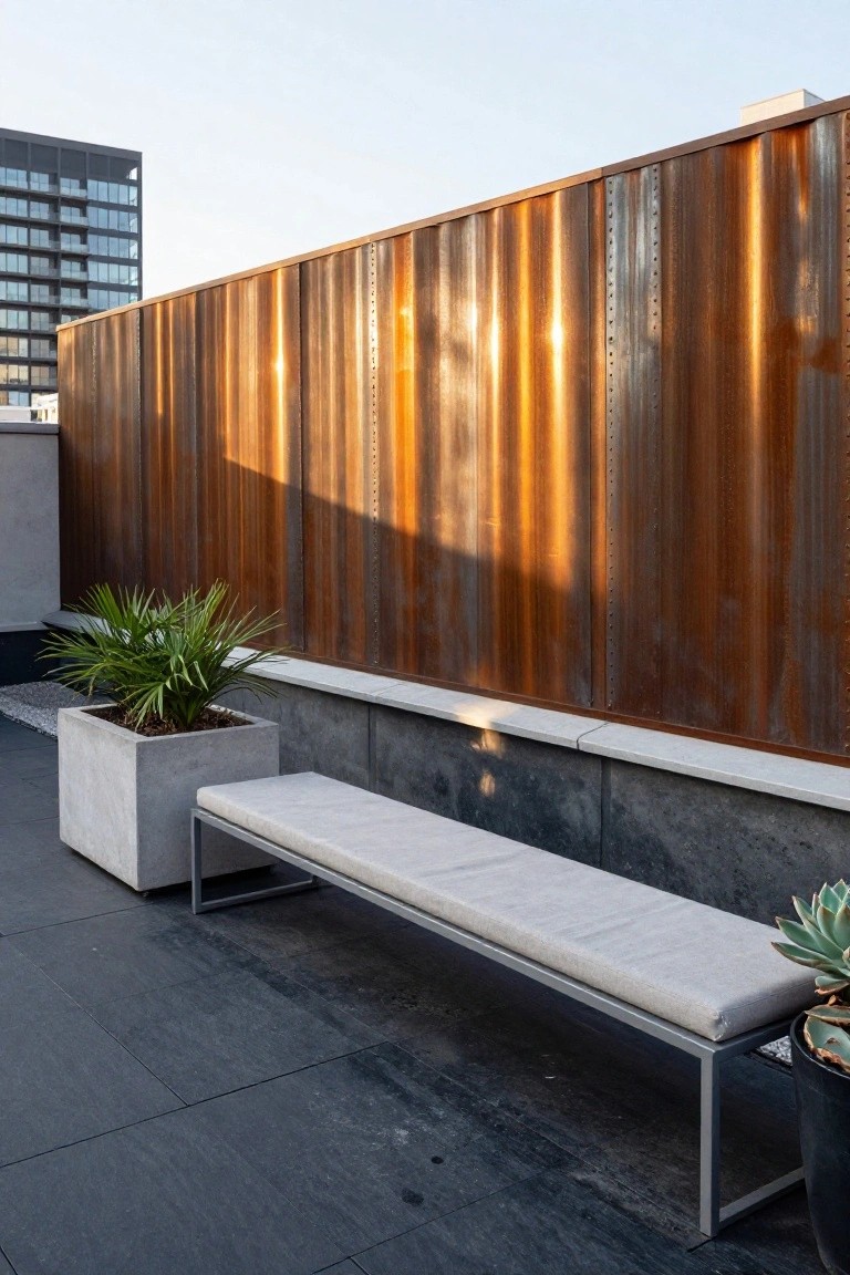 Tall vertical corrugated rusted steel privacy wall on a rooftop terrace with dark tiled floor, cushioned bench, potted palm tree, and succulent plant in black pot.