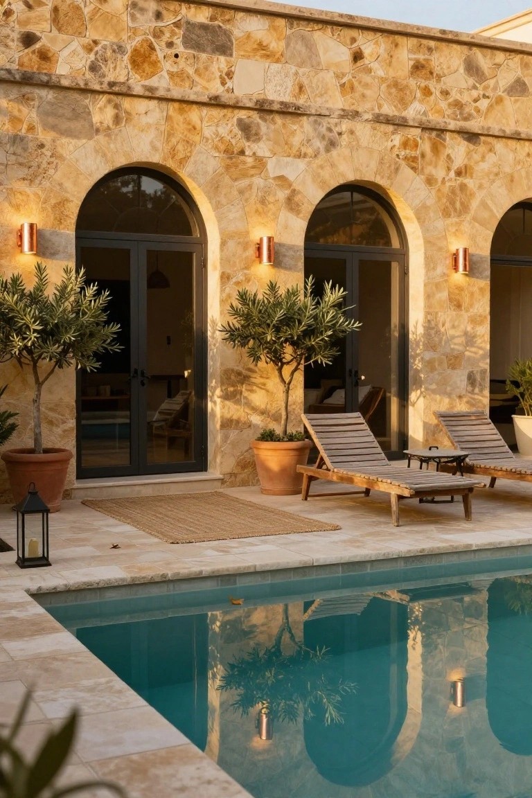 Beige stone wall with arched black doors lit by copper wall sconces, flanked by potted olive trees, wooden lounge chairs on a tiled pool deck, and a turquoise pool in the foreground.