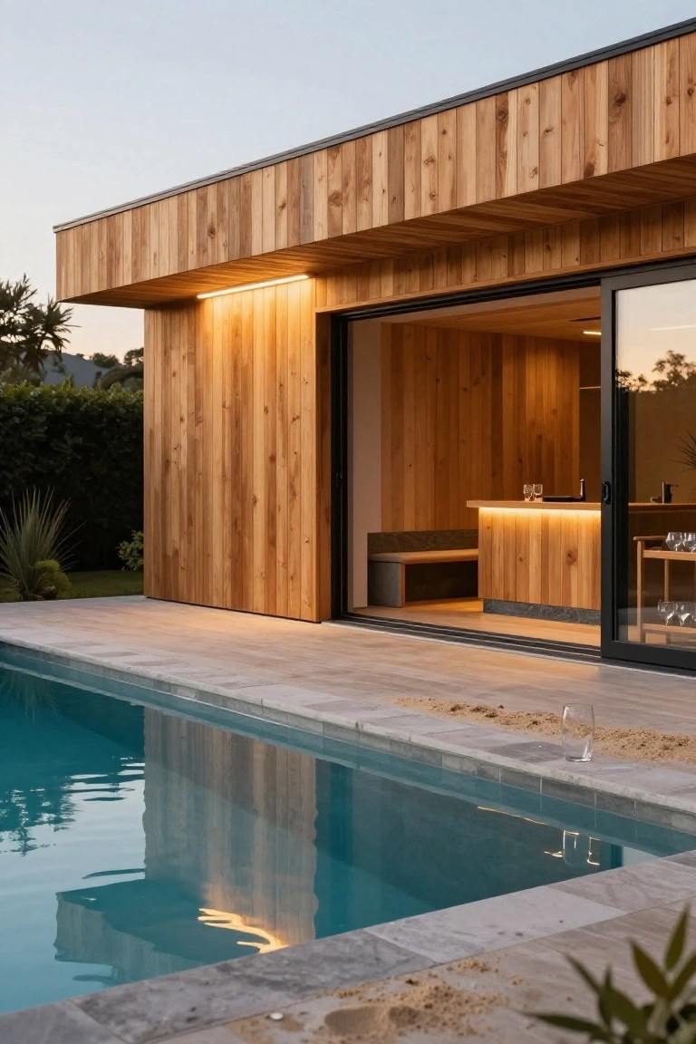 Modern house with vertical cedar wood cladding and black trim beside a rectangular pool at dusk, warm linear LED lights under the overhang washing the walls, open black-framed sliding glass doors revealing a wooden bar and stools inside, tiled pool deck with sand and plants nearby.