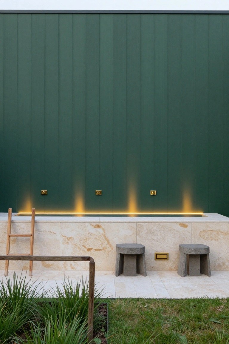 Green vertical-plank wall with three brass uplights casting warm glows, adjacent shallow pool with wooden ladder and yellow edge lighting on travertine surround, two concrete stools, metal garden edging with plants and grass in foreground.