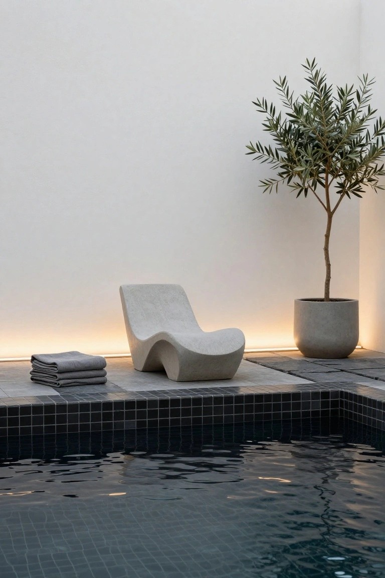 Curved gray concrete lounge chair on a tiled deck beside a dark-tiled pool, with stacked gray towels nearby, an olive tree in a gray pot against a white wall, and warm LED strip lights glowing along the wall base and deck edge.