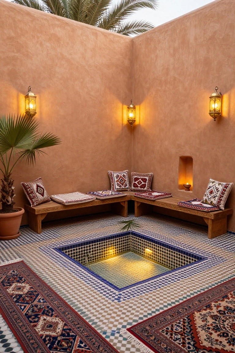 Outdoor courtyard with beige textured walls, a central sunken blue-tiled pool, wooden benches with patterned cushions, wall-mounted brass lanterns, potted palm trees, and rugs on checkered tile floors.