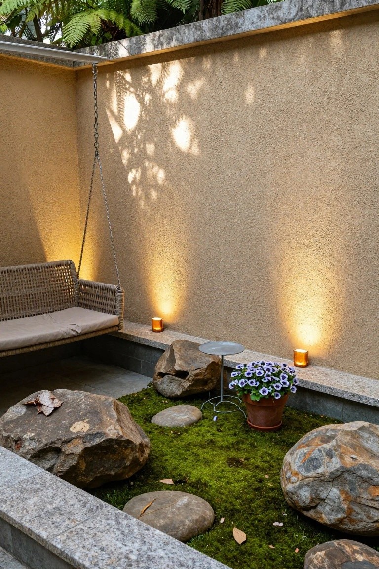 Enclosed outdoor courtyard with beige stucco walls, hanging rattan swing seat, large rocks and moss ground cover, potted pansies on a metal stand, ferns overhead, and amber glass candle holders on wall ledges.