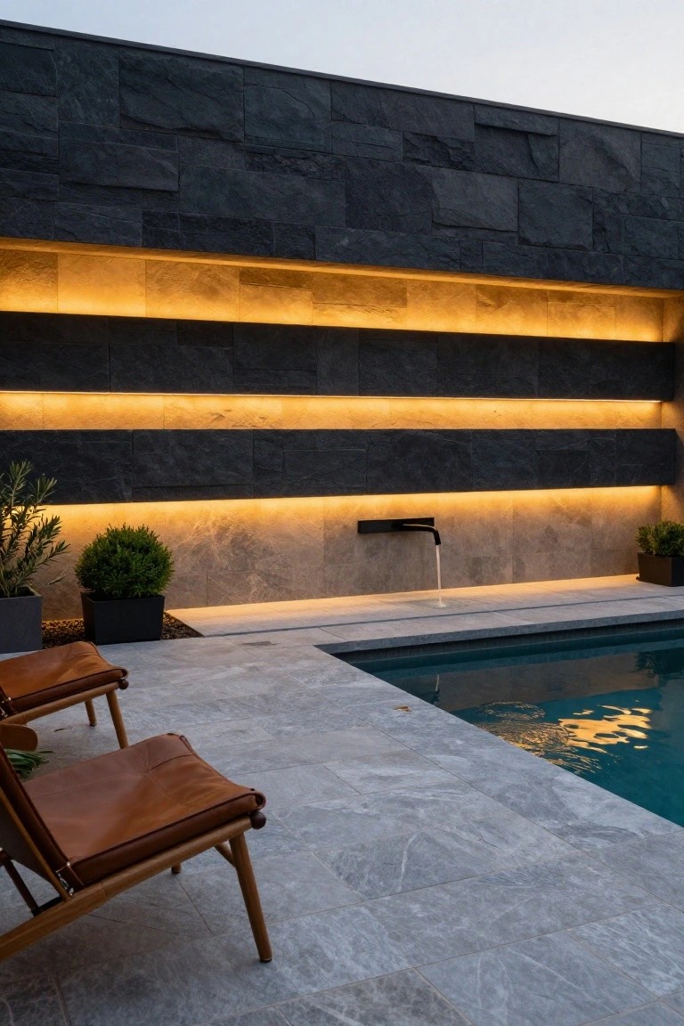 Dark stone wall with three horizontal amber LED strips behind a turquoise pool, marble wall fountain with running water, potted plants, and two tan leather chairs on gray tiled deck at dusk.