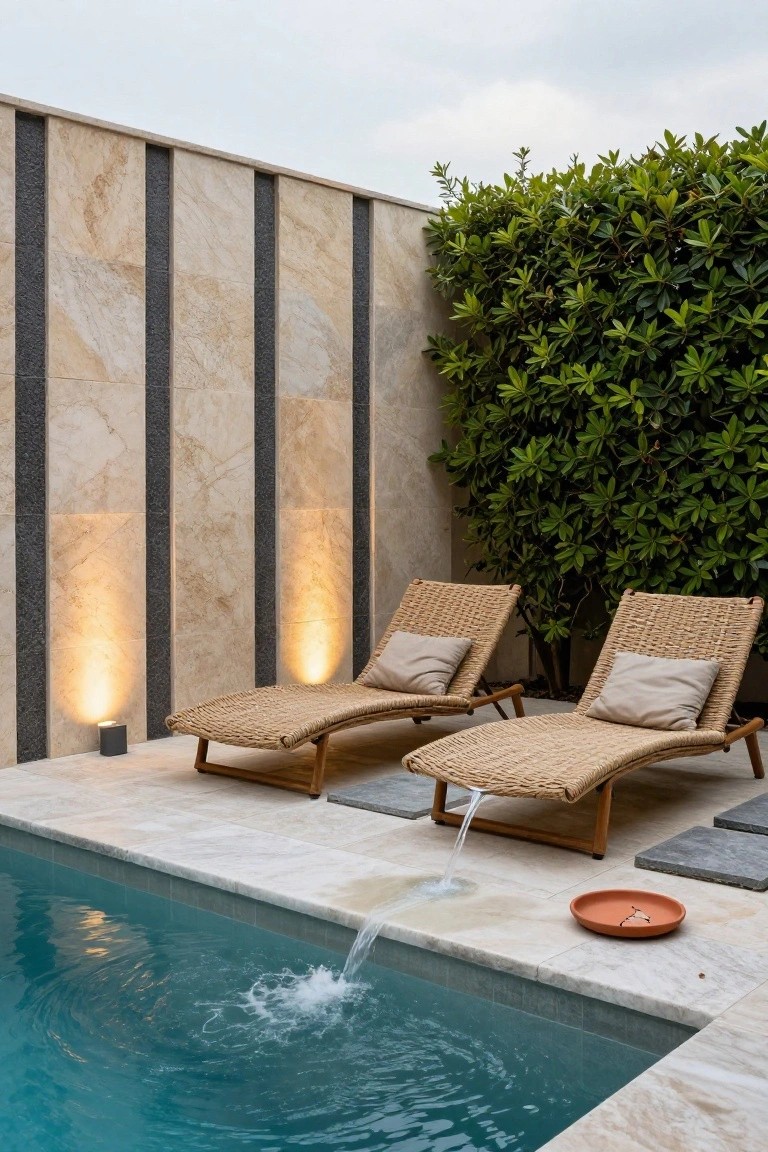 Poolside area featuring two beige woven loungers with cushions on a light stone tile deck, tall beige marble walls with dark vertical stripes illuminated by low uplights, dense green hedge privacy screen, and water spilling from the pool edge into the blue water.