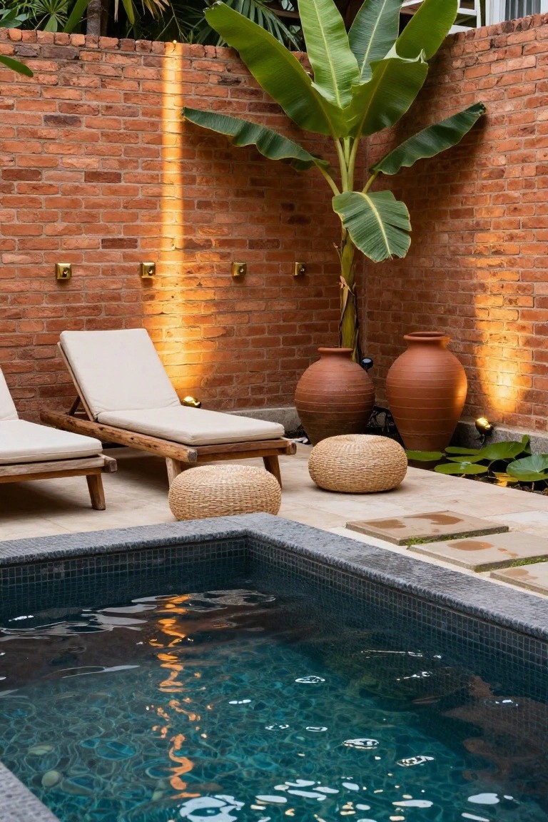 Backyard pool area featuring brick walls illuminated by wall-mounted uplights, wooden loungers, rattan poufs, large terracotta pots, banana plants, and water lilies nearby.