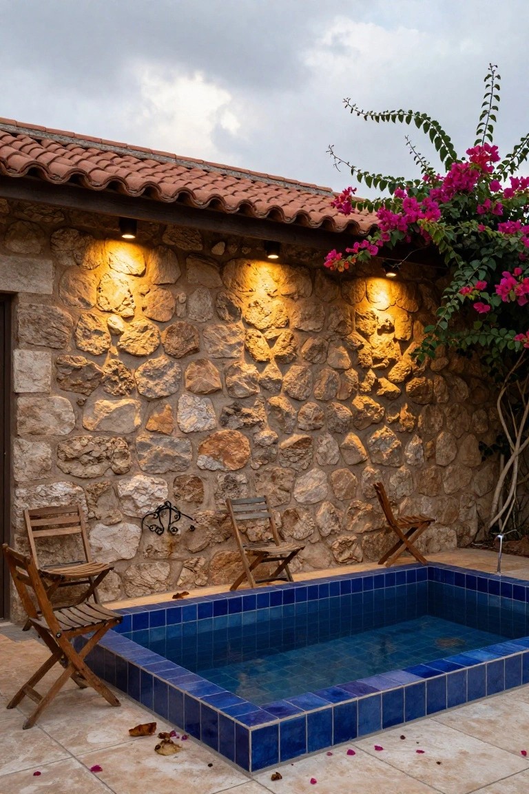 Stone wall illuminated by three wall-mounted uplights beside a small rectangular blue-tiled pool, with wooden chairs, bougainvillea vines, and terracotta roof edge.