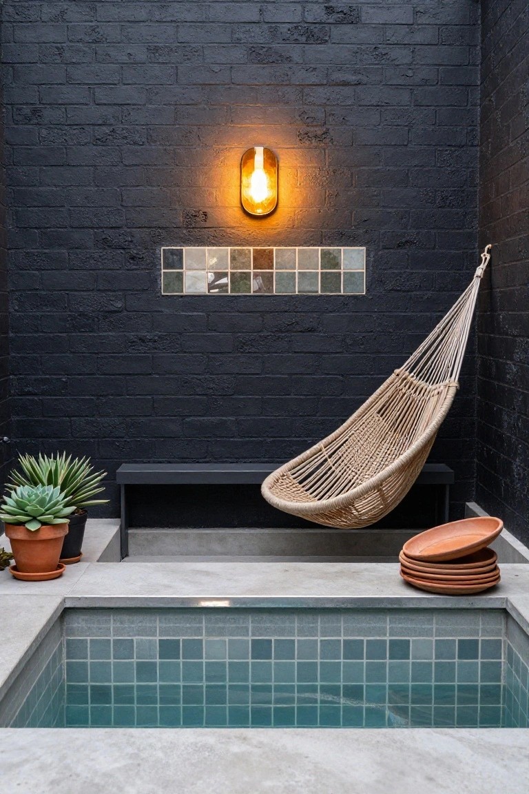 Small turquoise-tiled pool in a dark brick courtyard with hanging beige hammock chair, black bench, potted succulents, stacked terracotta plates, and glowing oval wall light on brick wall.