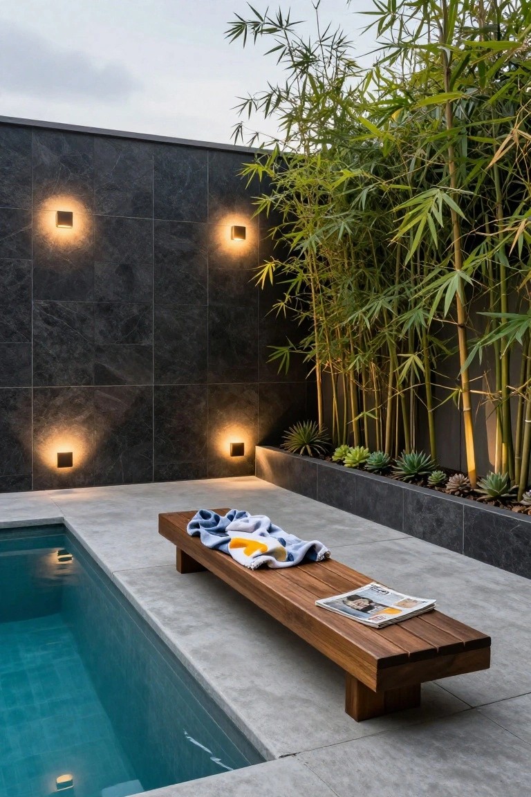Narrow turquoise pool beside a long wooden bench with towel and magazine on it, dark slate wall with four square wall-mounted lights glowing warmly, bamboo screen and potted succulents along the edge.