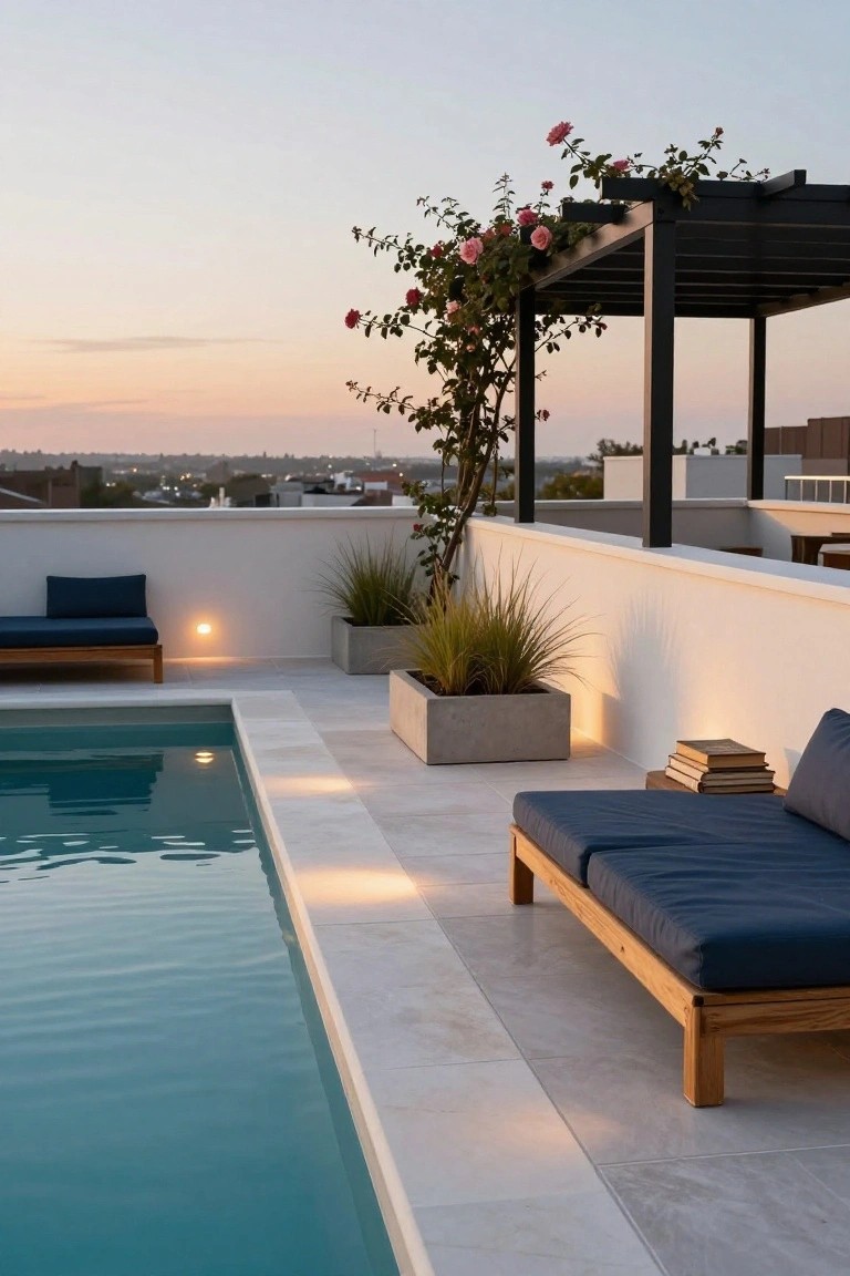 Rooftop terrace featuring a turquoise lap pool with white tiled surround, wooden daybeds with blue cushions, potted grasses and climbing pink roses on black metal pergola, soft wall-mounted lights illuminating surfaces at dusk with cityscape view.