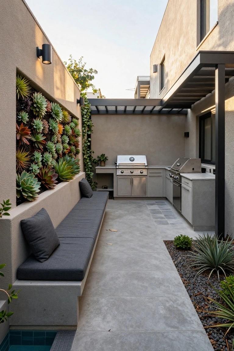 Narrow outdoor courtyard with built-in concrete bench and gray cushions against a vertical wall of assorted succulents, stainless steel outdoor kitchen with grills, concrete paver floor, and small inground pool with blue tiles at the far end.