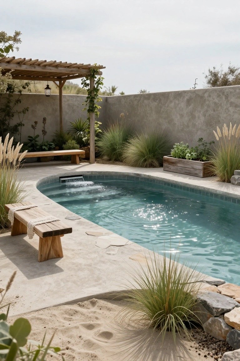 Curved turquoise inground pool with shallow tanning ledge, wooden bench on the edge, water feature, pampas grass plantings, wooden pergola, and stone walls in a sandy outdoor area.