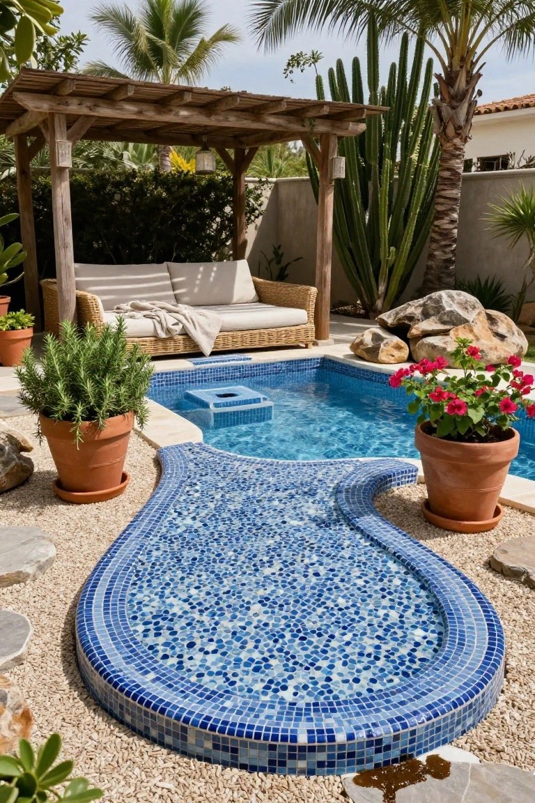 Backyard inground pool with curved blue mosaic-tiled tanning ledge edged in gravel, surrounded by potted plants, large rocks, and a wooden pergola sheltering cushioned outdoor seating.