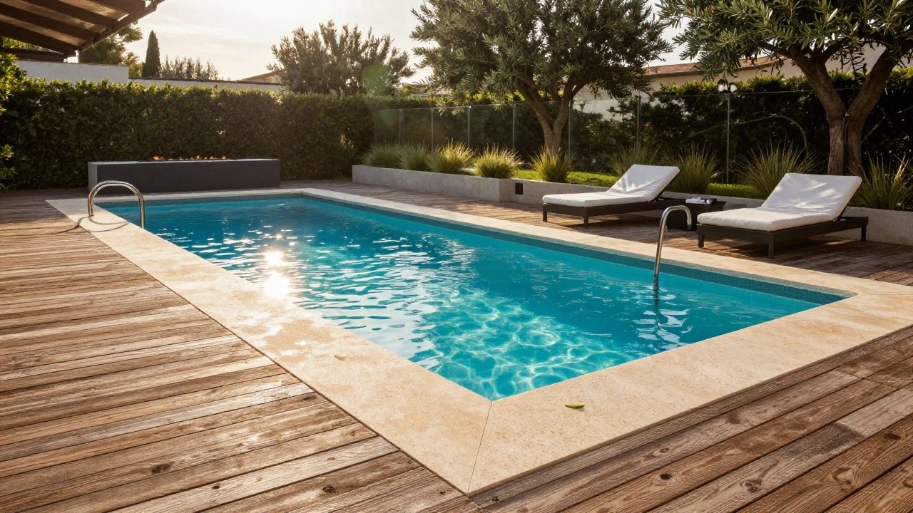 Inground pool with turquoise tiles and shallow tanning ledge edged in stone, adjacent wood deck with black lounge chairs, black fire pit planter, olive tree, hedges, and glass-walled house at sunset.