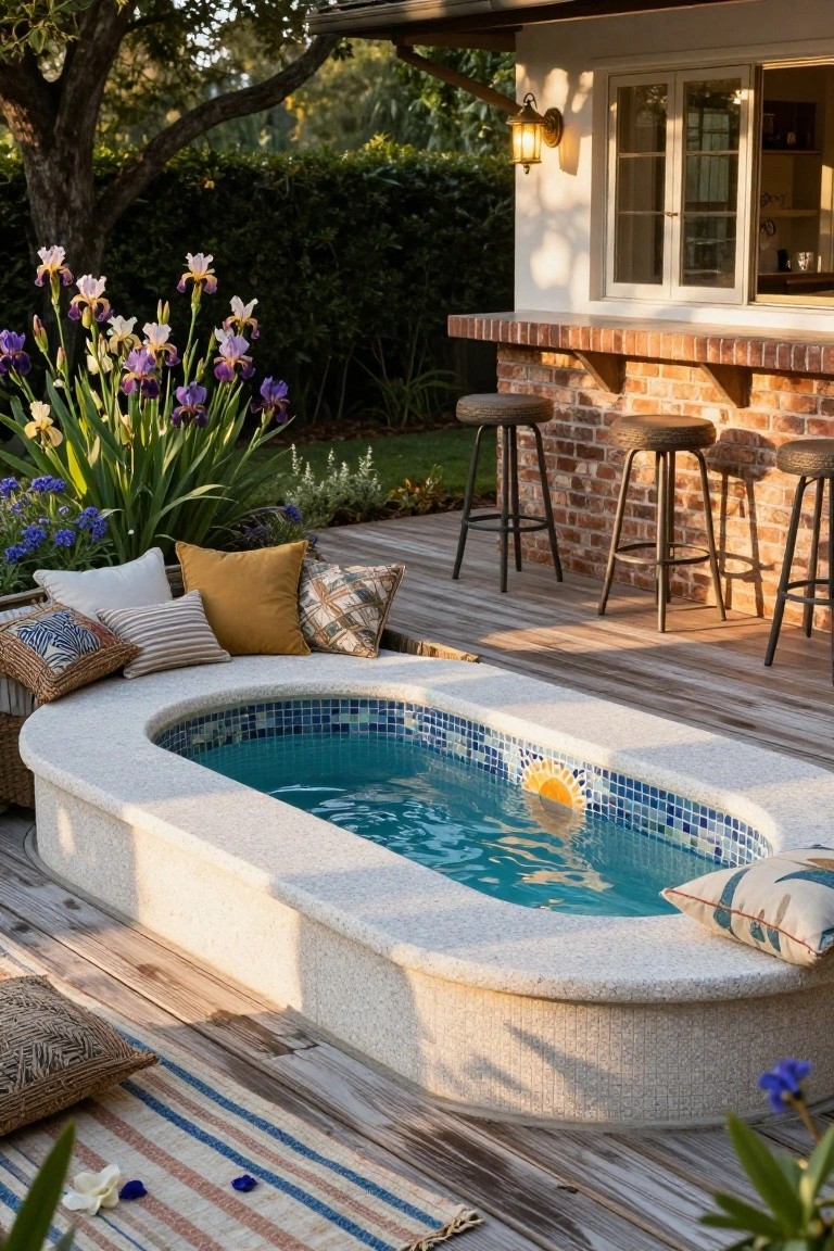 Oval inground hot tub with blue mosaic tiles and sun design on the deck, edged in white stone piled with colorful pillows, adjacent to brick bar stools and garden plants on wooden decking.